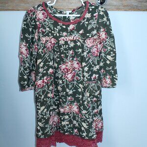 April Cornell Size 3/4 Girls Green/Burgundy Floral Print Rayon